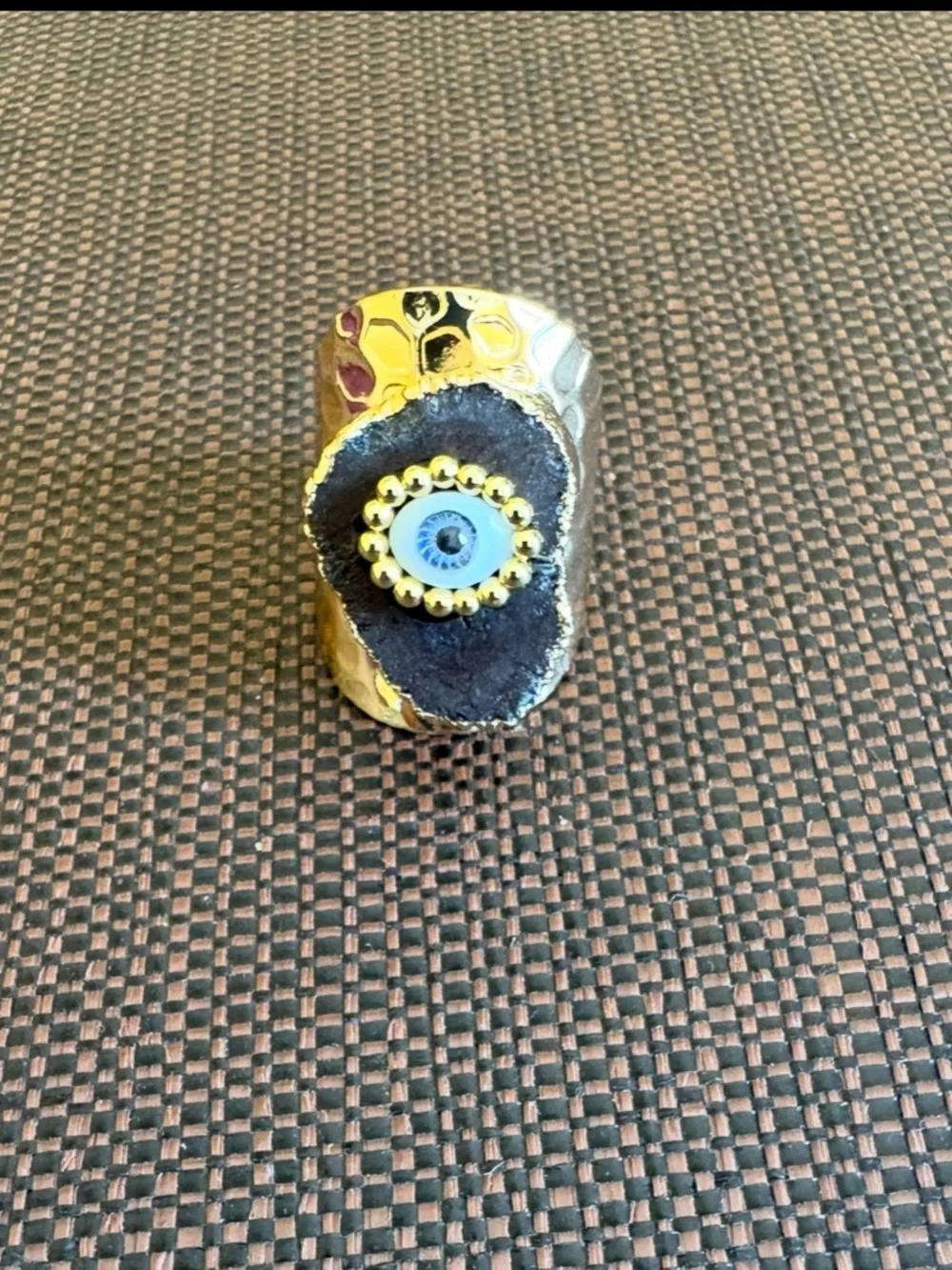 New! Black Synthetic Geode Agate Druzy Gold Plated Evil Eye Statement Ring